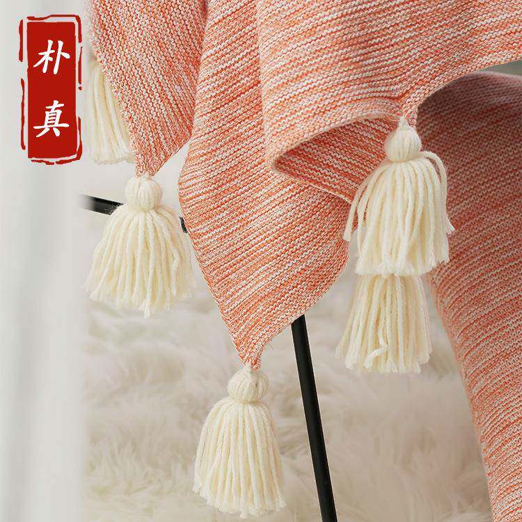 美式M18040风夹花线纯棉针织毯搭披巾手沙工带流苏沙发发毯拍照道