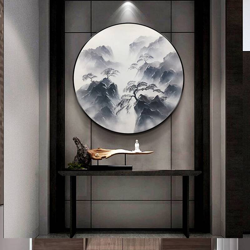 手绘油画圆形玄关装饰画新中式客厅壁画山水风景走廊过道手工肌理