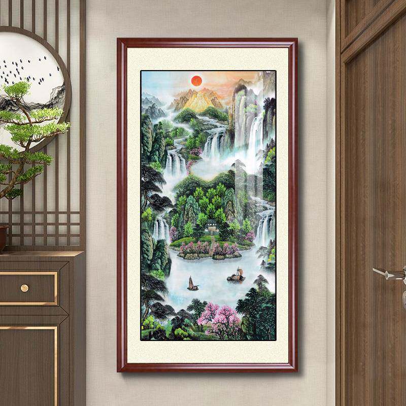 聚宝盆山水国画走廊入户玄关过道挂画竖版办公室装饰画客厅靠山图