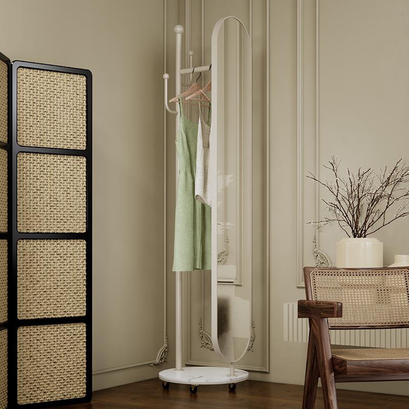 奶油带动风可移挂衣架镜子家用卧室带简约铁艺镜子衣帽全身镜客厅