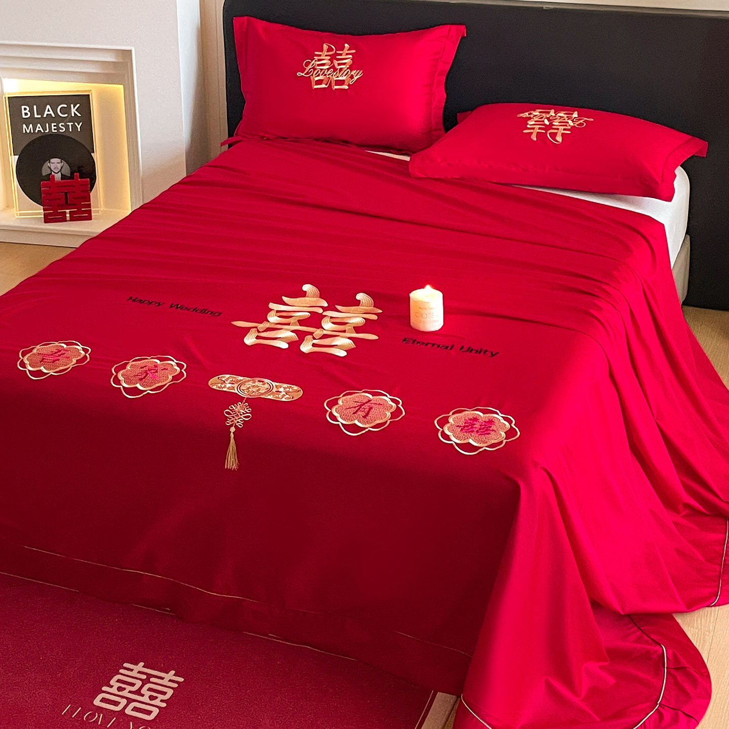 纯棉全棉高端大红色结婚床单单件女方陪嫁婚庆新婚被单枕套三件套
