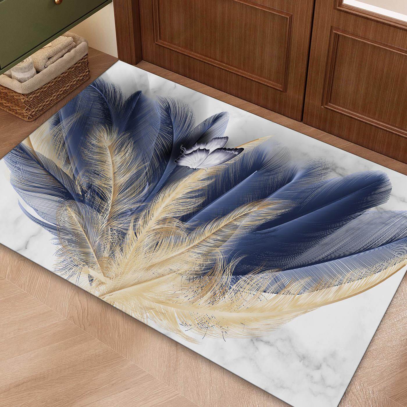 简约风地垫蓝色羽毛进门脚垫家用硅藻泥软垫卫生间门口吸水防滑垫