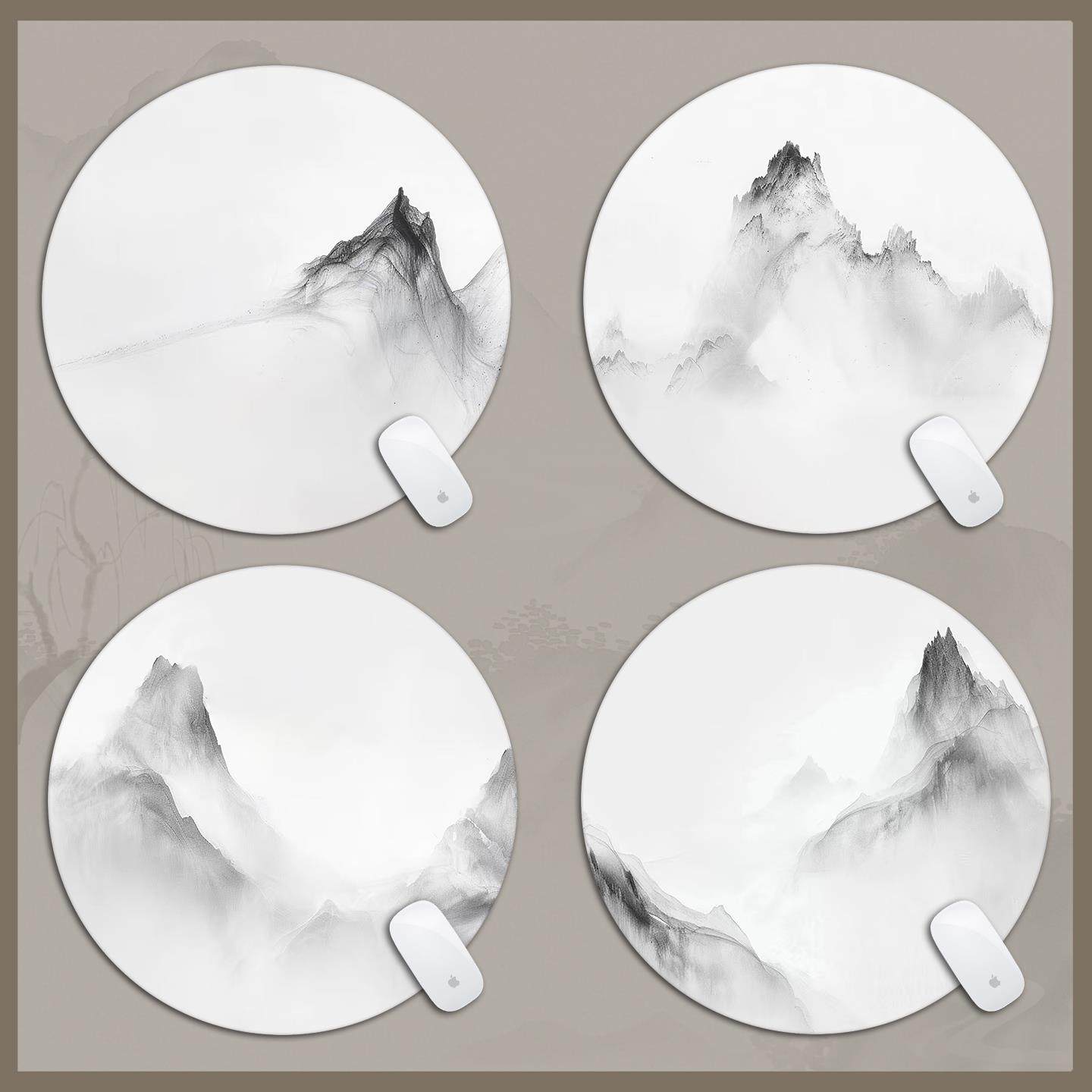 中式国风山水墨画圆形小号鼠标垫复古国潮电脑办公桌垫键盘垫锁边