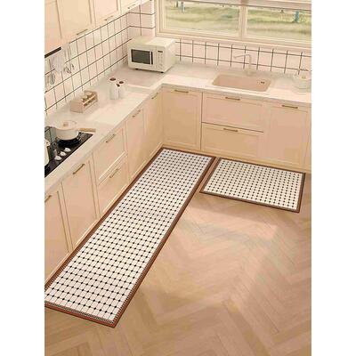 棕色格子厨房脚垫防滑吸水防油长条硅藻泥地垫可擦免洗l形地毯