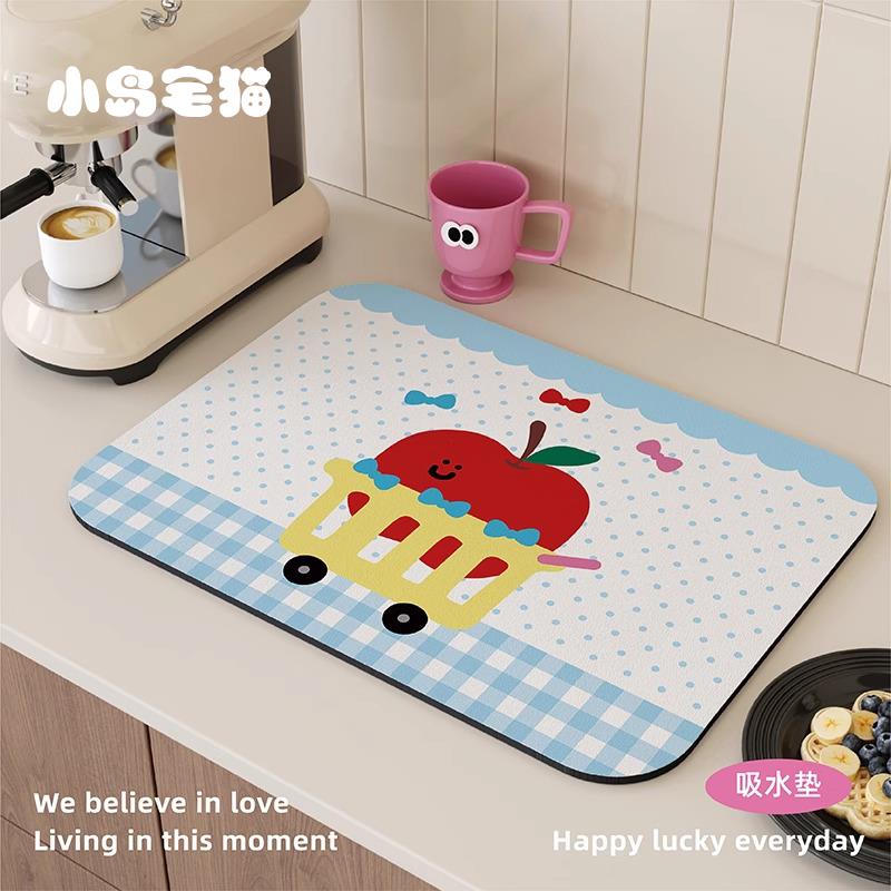 ins风卡通格子沥水垫厨房台面矽藻泥吸水凉垫咖啡机垫茶台隔热餐