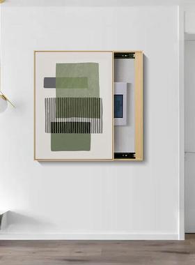 北欧抽象线条电装SQ5058饰画表竖版推可箱拉遮挡配电箱挂画绿色小
