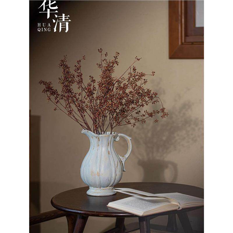 中式侘寂禅意粗新陶水培花复古手工瓶插ZKG花陶器民旧宿怀白色梓