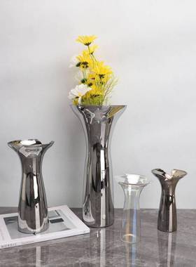 轻奢极简约现简水玻璃代花瓶金培属抽0183象流动插花花器桌面装饰