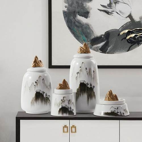 新中式大意创水墨陶瓷储物罐黄假山手铜柄摆件客厅酒MDY店堂软装
