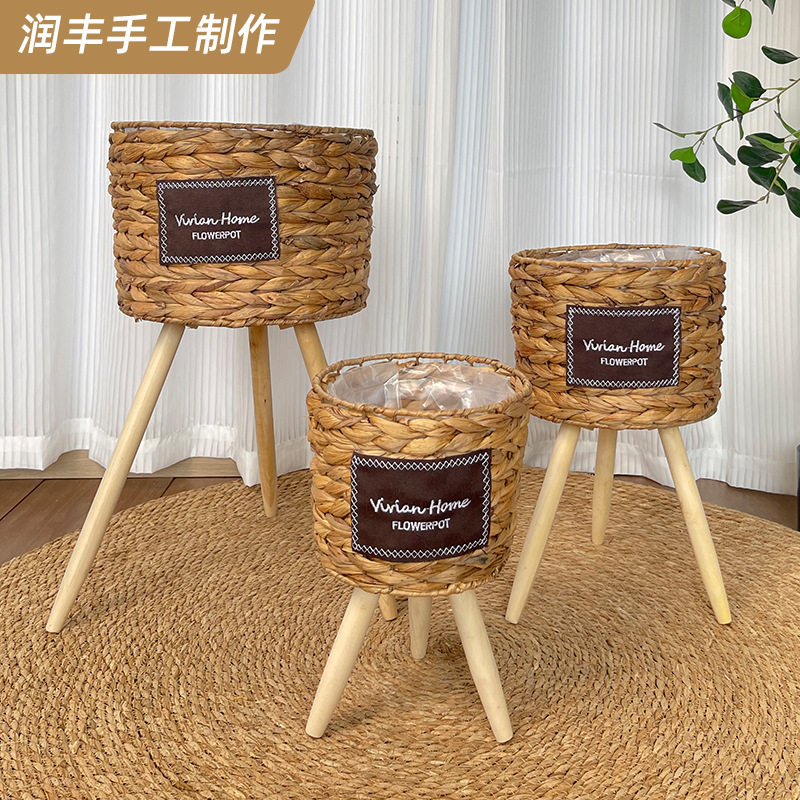 编织花盆草编花篮藤编落地木质高花架客厅装饰芦苇现货编织花盆