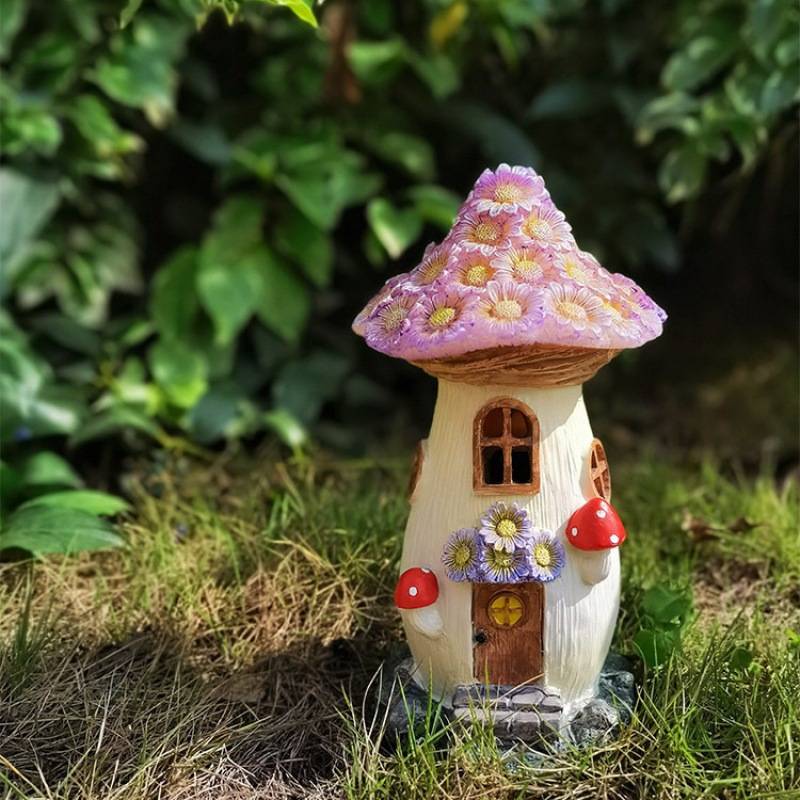 新款太阳能灯蘑菇房子微景观树脂摆件花园草坪灯庭院工艺品装饰品