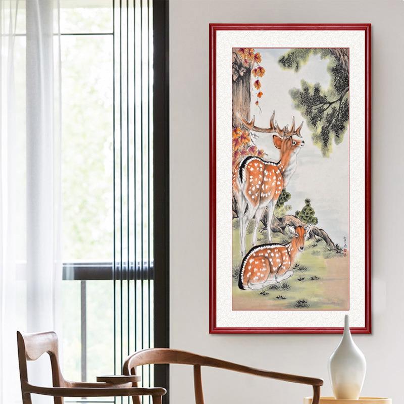 中福LYymsm24禄双全式关装饰画竖版走廊过道壁画梅图花鹿国画双玄