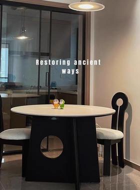 白色岩板餐桌复古家用小户型黑色白木蜡高端风圆实GY1026木吃形饭