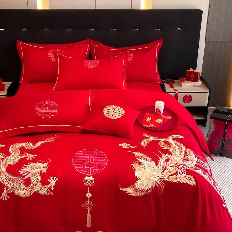 婚庆四件色hql套被子枕芯套装红用新婚床上品套全套一整中式刺绣,床上用品,婚庆床品套件,淘宝优惠券,粉丝福利购,淘宝优惠卷