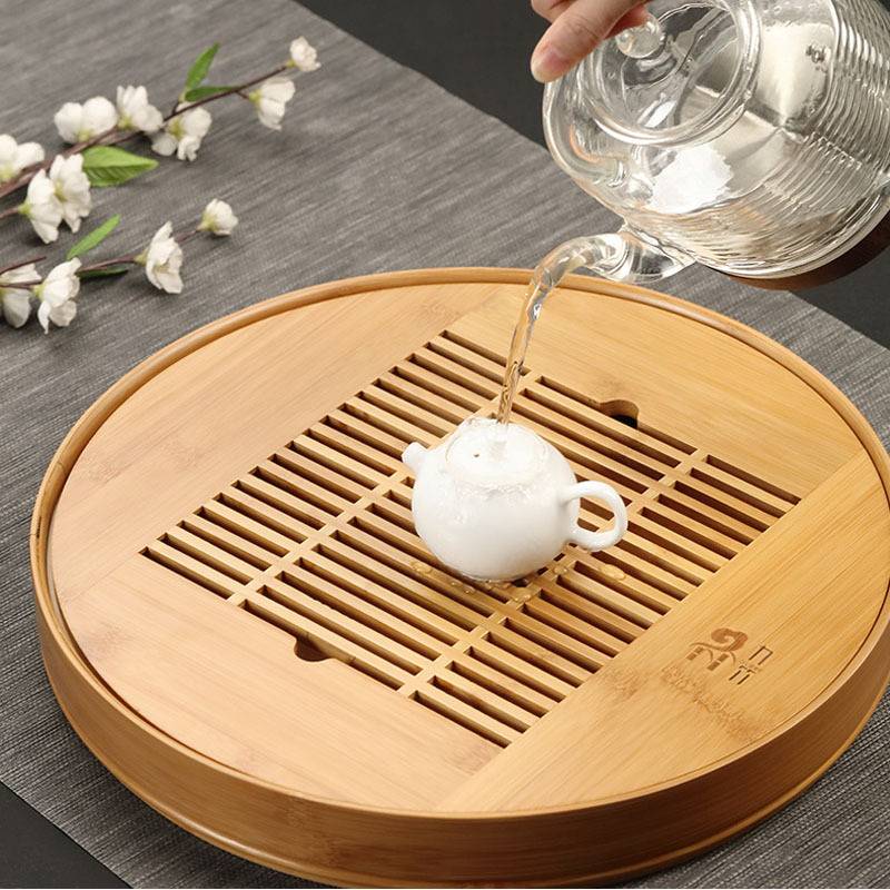 九竹盛水茶盘大号竹制圆形储水嵌入式干泡茶托盘胡桃色厂家直销
