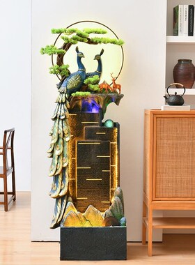 中式孔雀创意加湿器假山流水喷泉客厅阳台玄关酒R店会所办公室摆