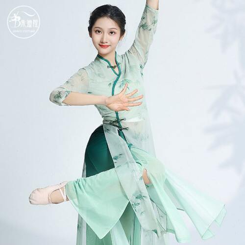 古典绿色奥黛旗袍舞蹈服女弹力飘逸纱衣练功服中国舞表演出服装