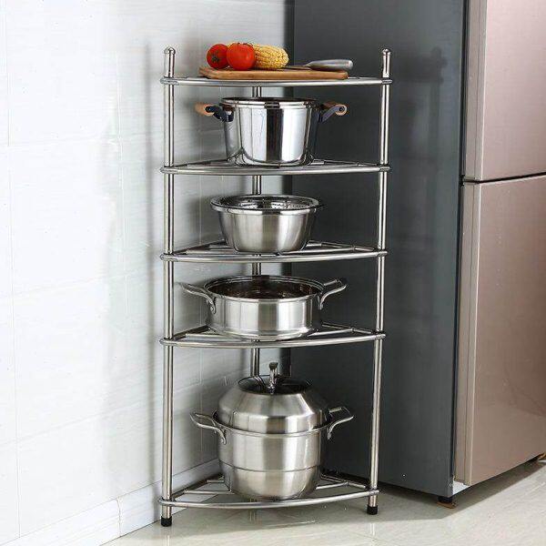 不锈钢放锅架厨房置物架二层三角形落地多层扇形角落收纳架子家用