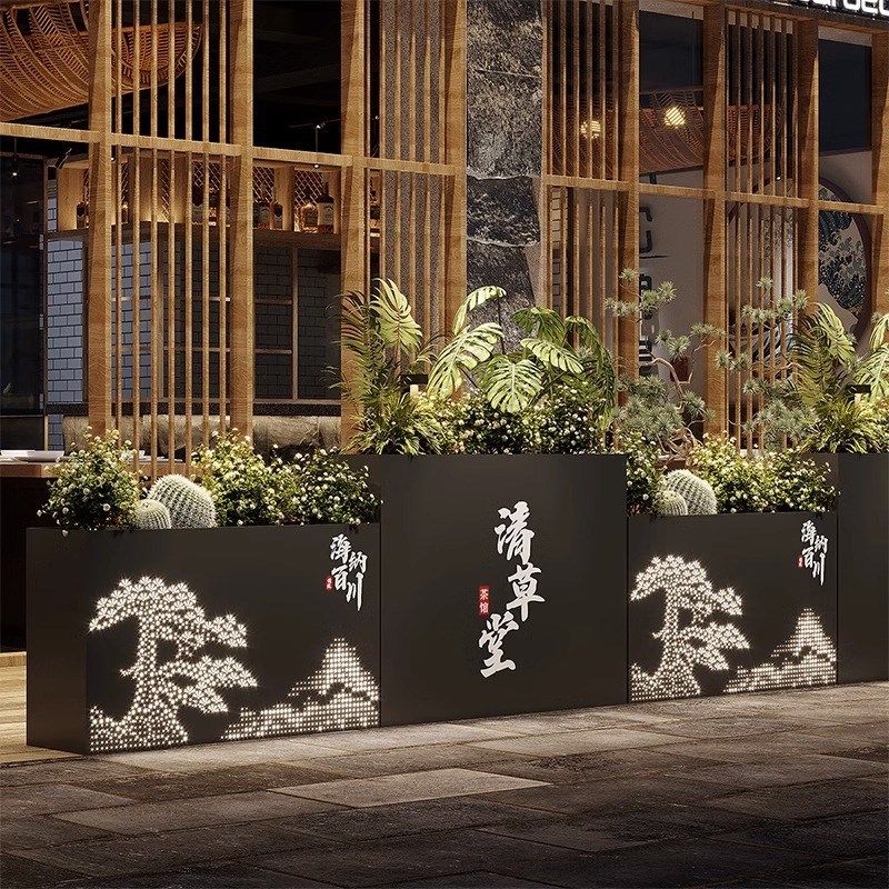 不锈钢花箱户外铁k艺花槽市政园林花池酒店商业街隔断花盆带灯组