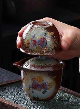 仿柴烧窑小旅行茶具一壶四杯便快携客杯露营型手79170抓壶盖碗泡