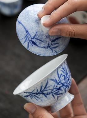 念云居纯手绘墨染青竹杯盖碗茶古茶单个泡中式BEO复功夫茶具套装