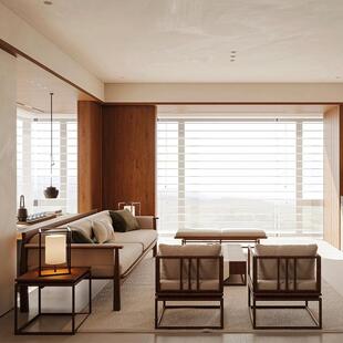 侘寂中古风胡桃木实木沙合冬夏布两用办公发室DNF组简约艺活动垫