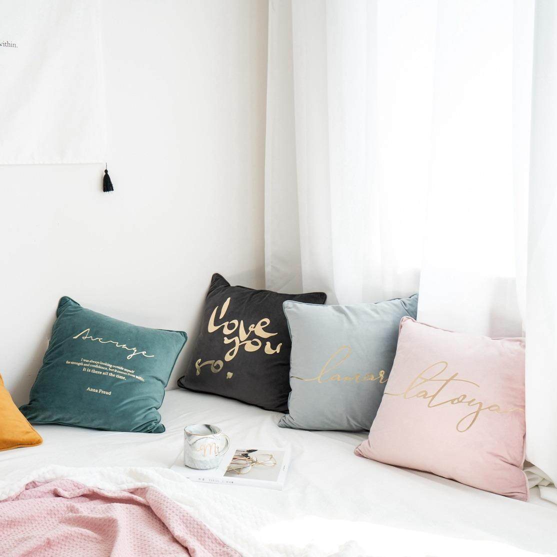 约丝绒金简字母方形抱枕办公垫室现代椅子靠沙发靠枕MEIMO烫装饰