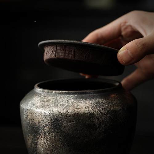 银存茶叶SY-092-防罐子陶瓷复古日式做旧粗陶小号茶罐密封鎏潮家
