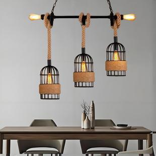 台宿家用复古风餐厅桌灯饰创意美式 工业吧麻153绳铁艺吊线灯民高
