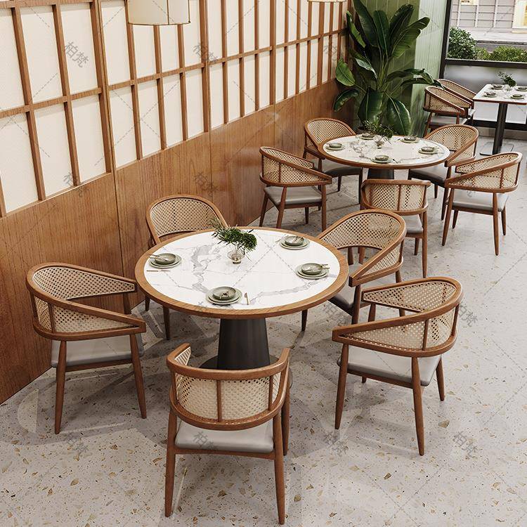 实木藤木编餐复古白蜡包岩板餐桌麻LHT椅桌辣烫酒店早餐厅餐饮椅