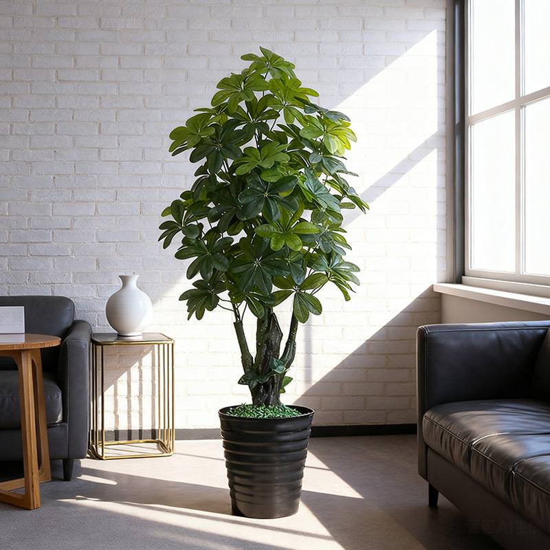 厂家新款仿真植物盆栽客厅装饰塑料假花假树吉祥七星叶鸭掌木