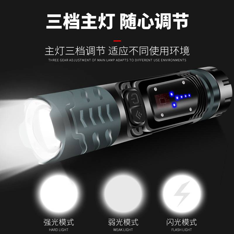 P99强光LED手电 COB侧灯电量显示带磁铁安全锤变焦超亮照明