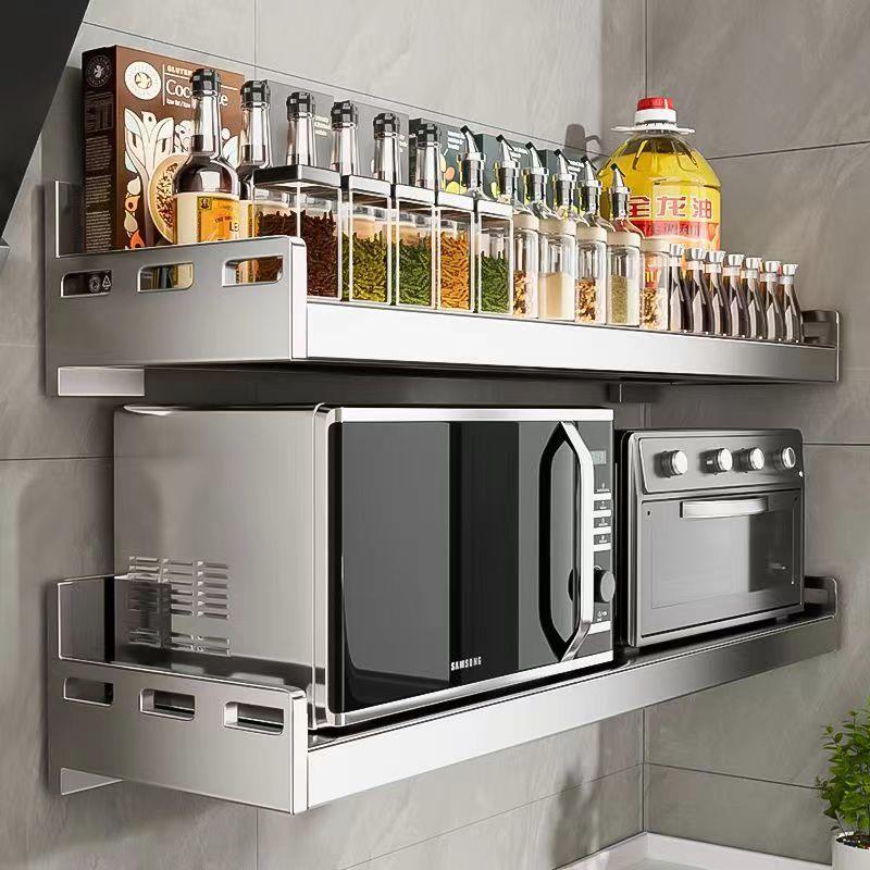 空不锈钢厨房波炉置物架壁挂式微免打悬架子多GDO功能墙上孔收纳