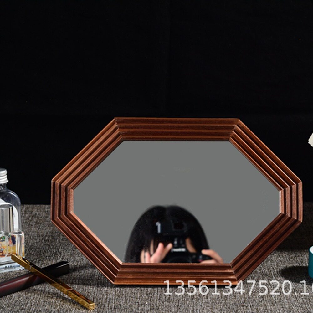 实木卧室木质化妆镜桌面复古中式梳妆镜黑胡桃木八角简约镜子现货