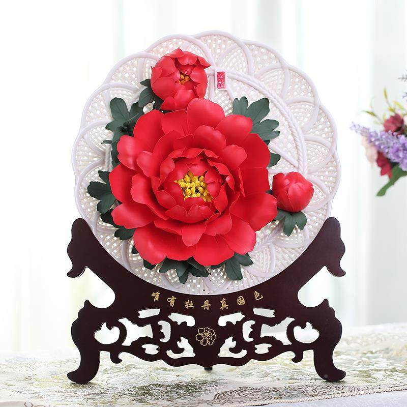 牡洛丹瓷盘摆件HJJ阳高端精物致家森居陶瓷牡丹花盘送闺蜜结婚礼