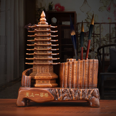 文昌塔笔筒摆件九j层工艺品木质送孩子礼物开学生书桌面办公室领