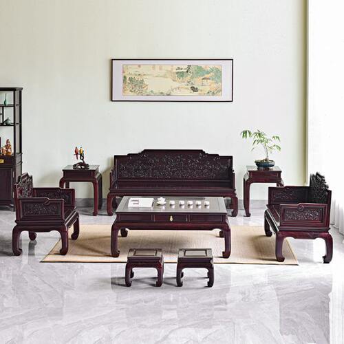 明式家具赞比亚血檀非洲紫檀西番莲纹沙发茶几组合八件套