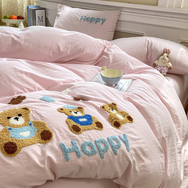 毛巾绣可爱卡通纯色水洗棉四件套少E女被套床单宿舍三件套床上用
