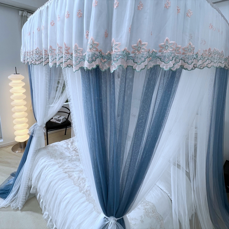 欧式高档U型导轨蚊帐卧室家用公主风落I地三开门加密加厚双层床帘