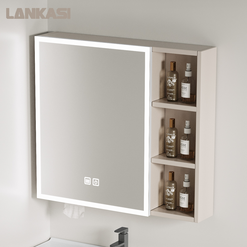 奶油风智能浴室镜l柜带美妆架卫生间挂墙式储物太空铝梳妆单独镜