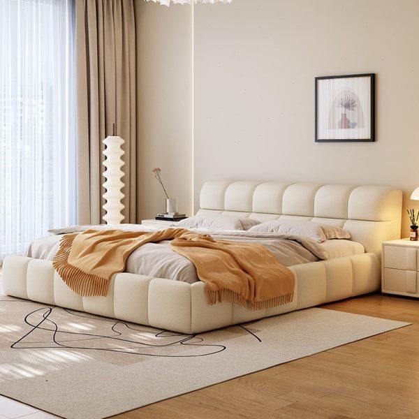 现代简约牛奶绒布艺床1.8m主卧双人床奶油风泡芙床小户型储物婚床,住宅家具,布艺床,淘宝优惠券,粉丝福利购,淘宝优惠卷
