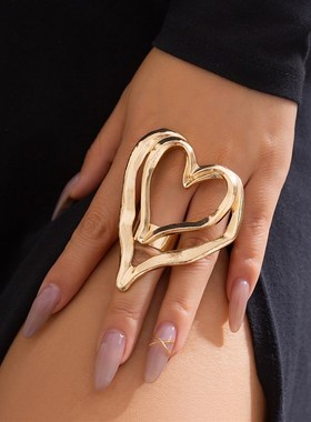 镂空双层桃心戒指女欧美新款嘻哈小众设计大气网红气X质指环配饰
