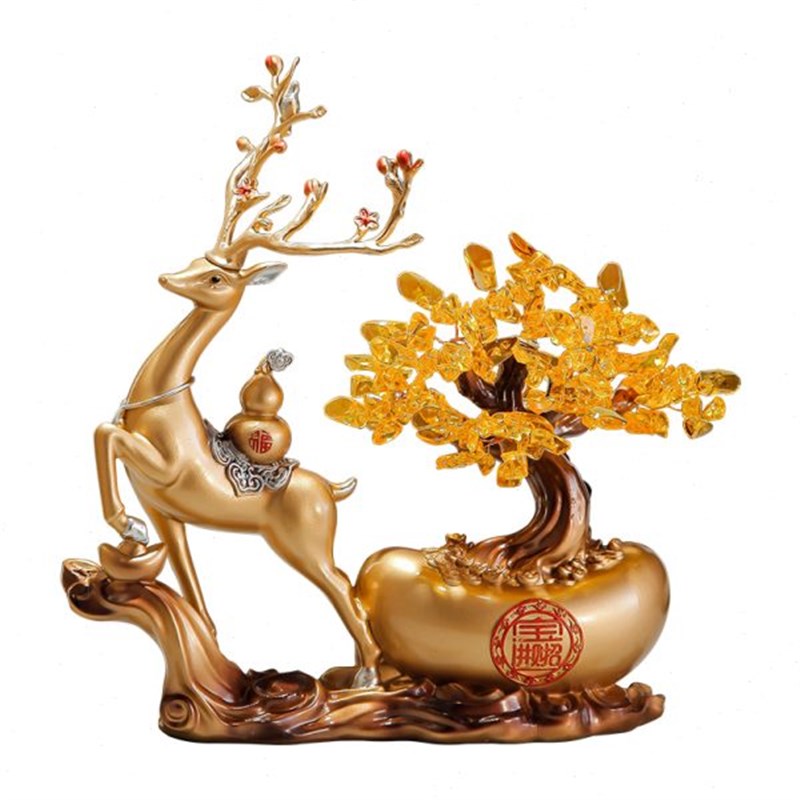 创意轻奢元宝小鹿发财树摆件新中式电视柜酒柜办公室前Z台开业礼