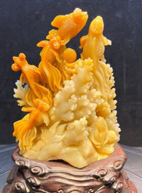 北部田黄石年年有鱼摆件满结晶动物家居客厅装饰摆设手工工艺品