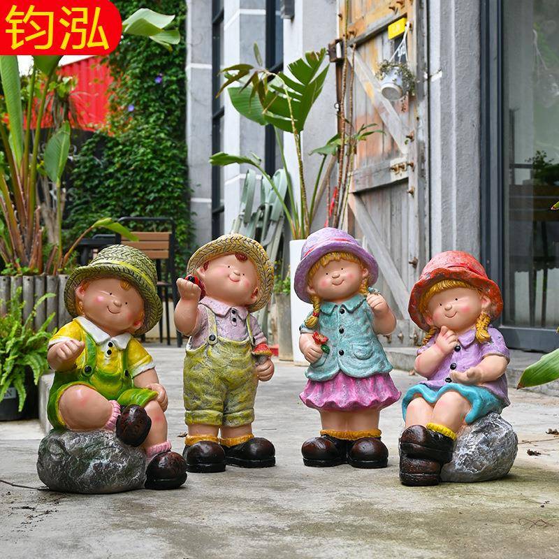 可爱卡通田园风娃娃摆件树脂户外花园庭院人物造景装饰园艺布置