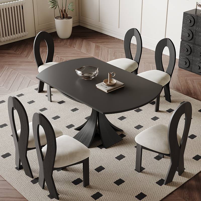 I1黑色岩板餐桌可伸缩现代简约家用小户型法式复古风圆形实木餐桌
