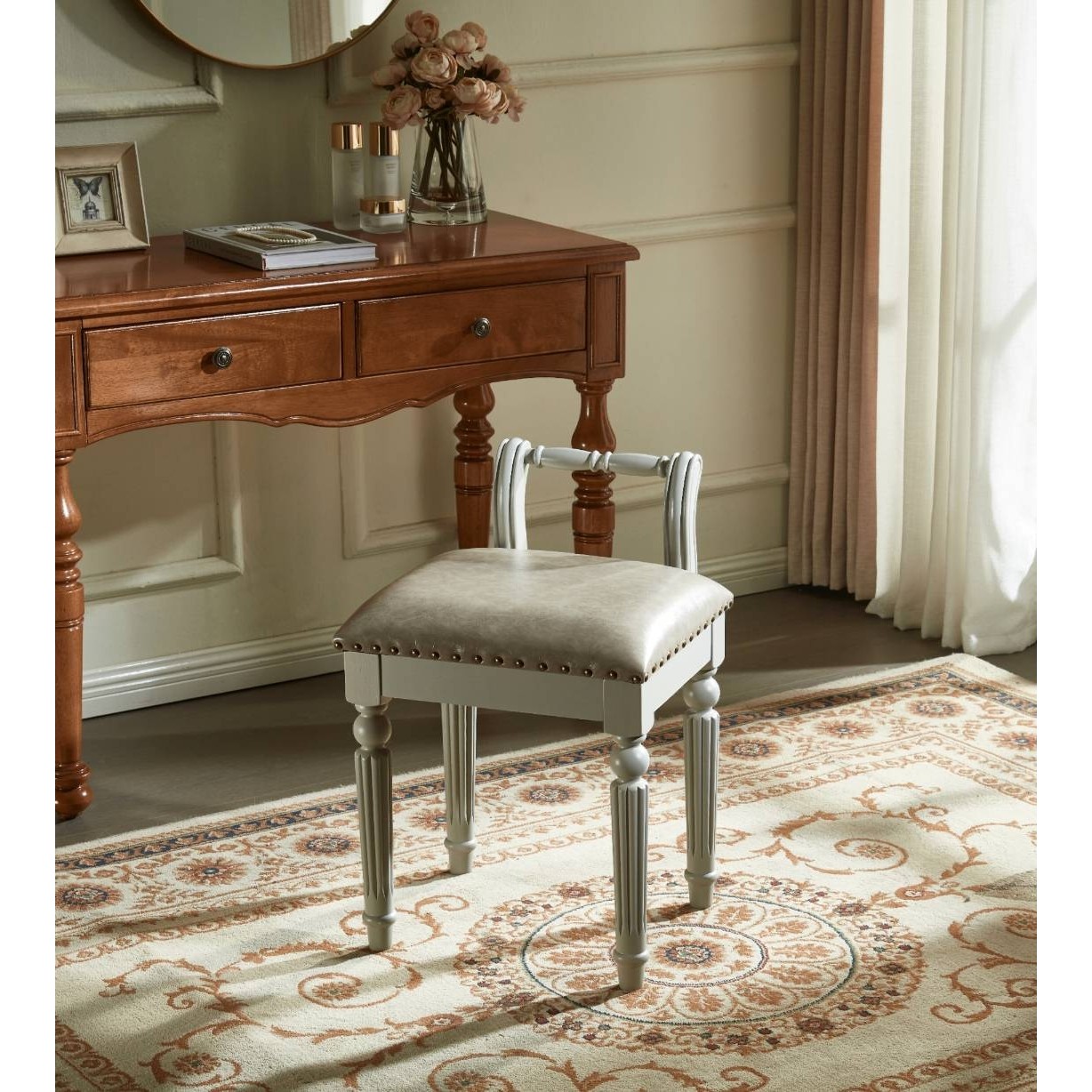N5美式实木化妆凳欧式简约现代书桌皮凳子卧室梳妆台靠背椅子梳妆