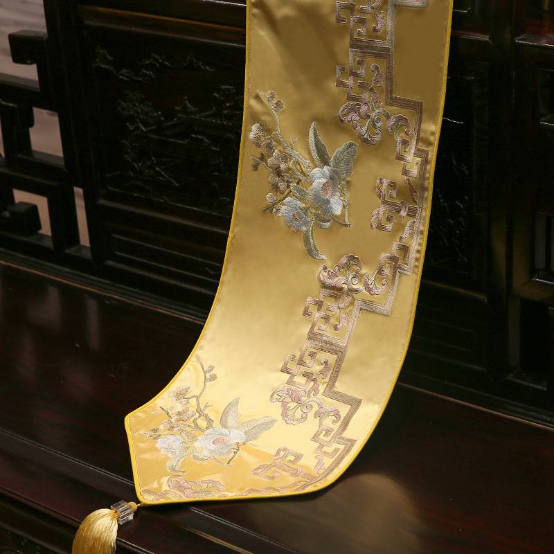 厂家新中式刺绣茶艺桌旗酒店床尾巾床旗禅意客厅餐桌布茶几植物花