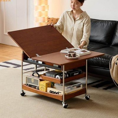 现代实木茶几家用客厅小推车中古风小户型可移动折叠茶几沙发边几