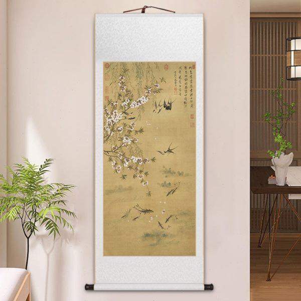 燕喜鱼乐图卷轴挂画新中式花鸟山水国画客厅玄关装饰书房茶室壁画,家居饰品,国画,淘宝优惠券,粉丝福利购,淘宝优惠卷